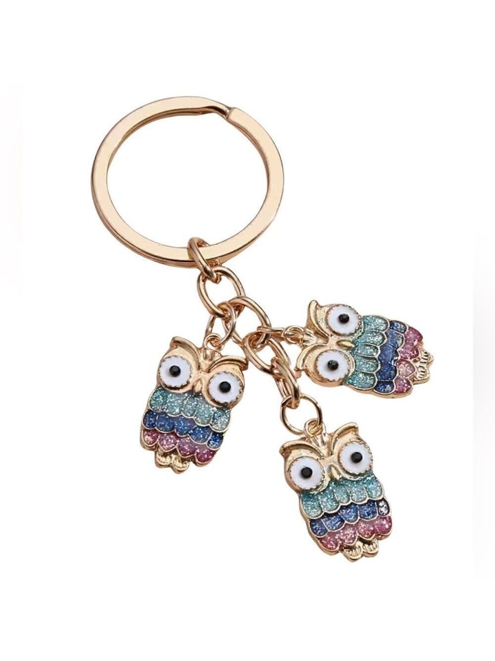 NEW Owl trio enamel key chain bag charm pastel colors and gold